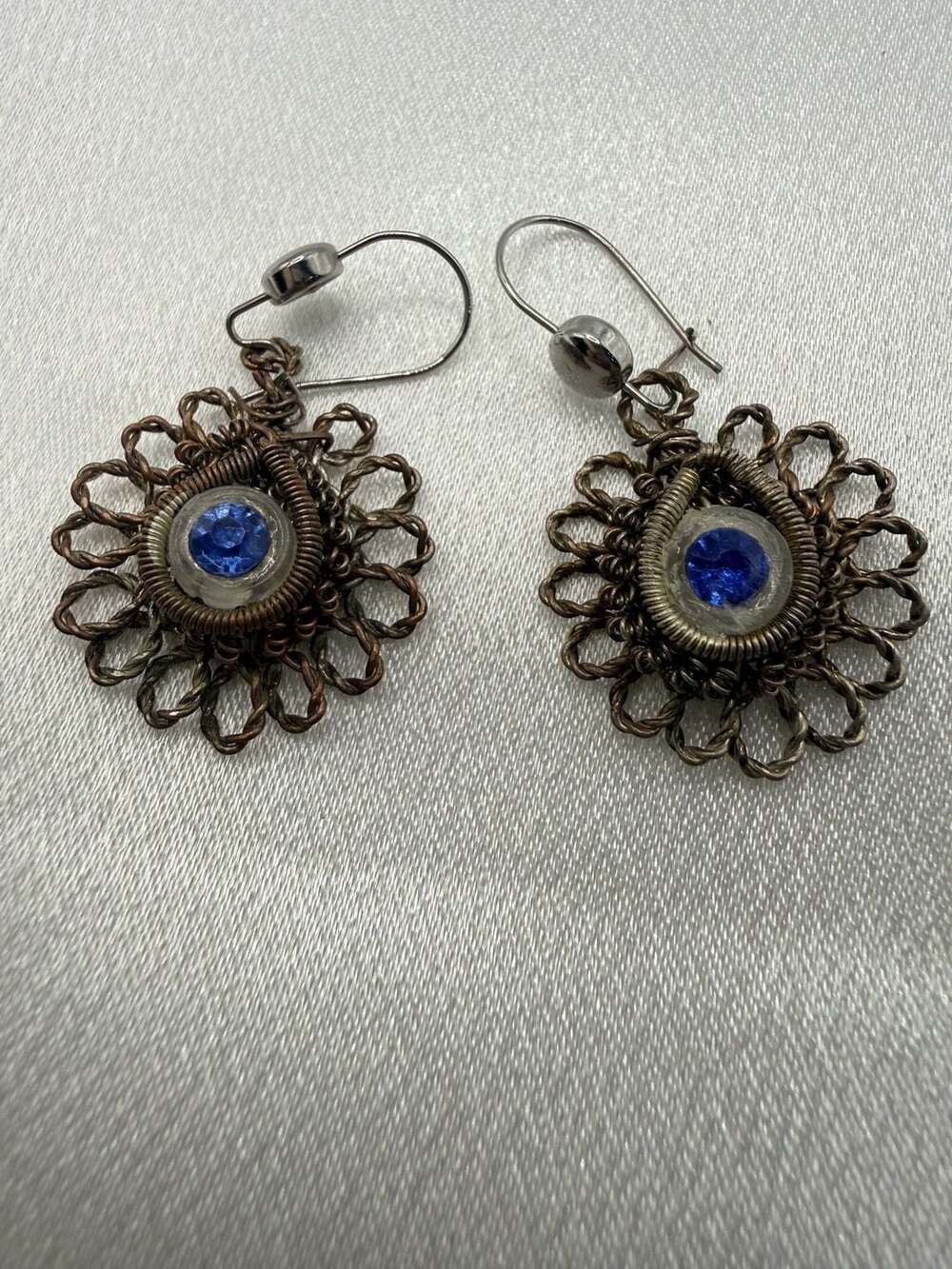 Antique Prussian-Silesian Iron Wire-Work Blue Rhinestone Earrings